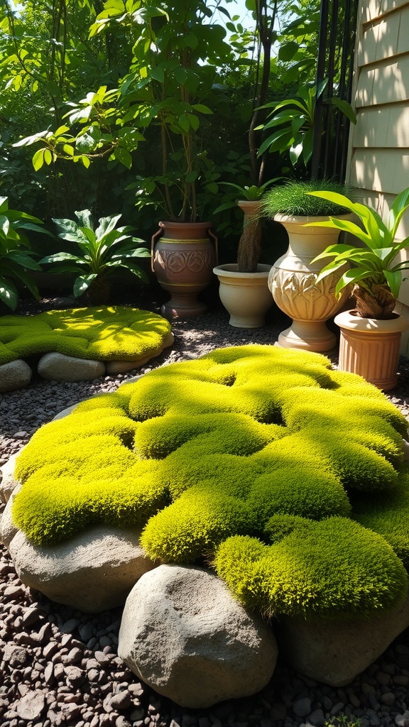 A garden featuring lush green moss, rocks, and clay pots, all shaded by trees and plants.