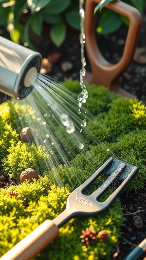 Watering can sprinkling water on green moss with a gardening fork nearby