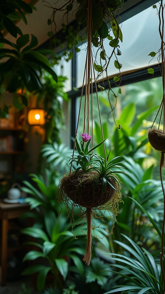 A hanging Kokedama in a vibrant indoor garden, surrounded by lush plants.