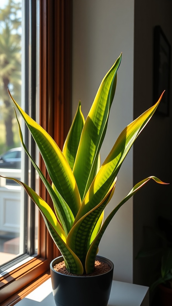 A Twisted Sister Snake Plant sitting in a bright window.