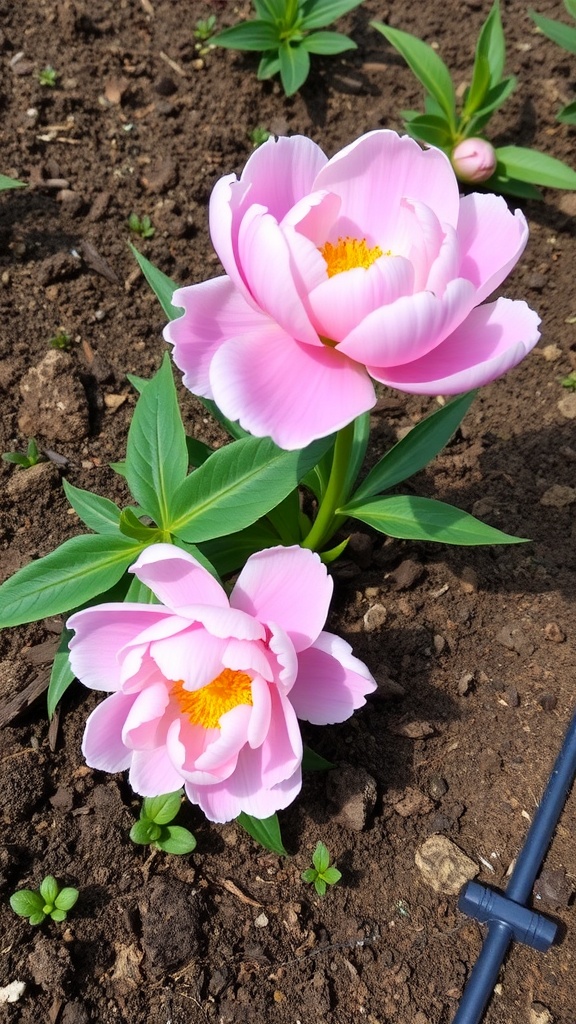 An image showing two peonies, one planted at the correct depth and the other too deep, highlighting the importance of planting depth.