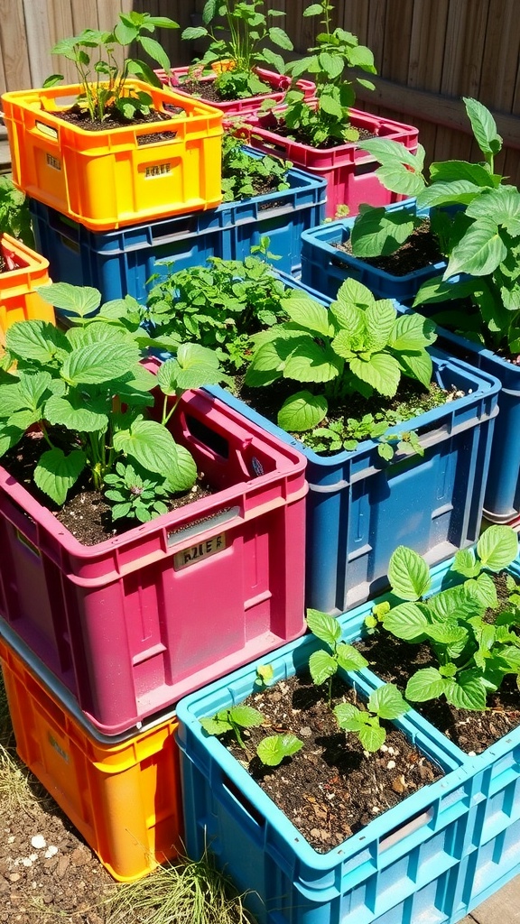 Colorful plastic crates filled with various vegetables and herbs in a garden