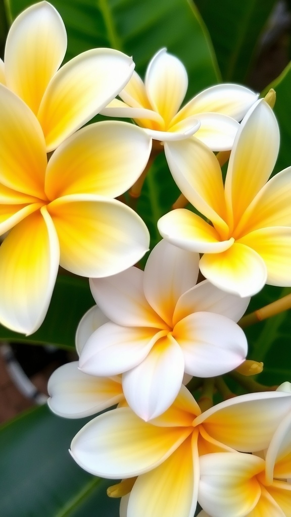 Close-up of yellow and white plumeria flowers with green leaves