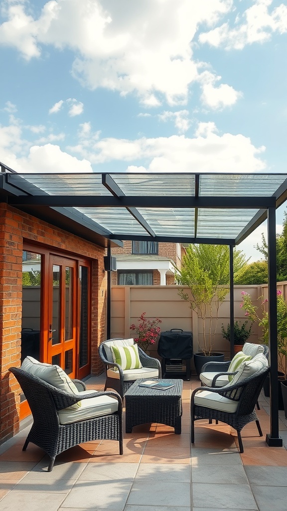 A cozy patio with a polycarbonate roof, featuring comfortable seating and natural light.