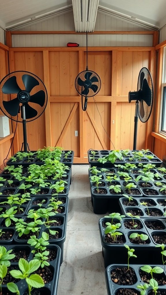 Indoor greenhouse with fans providing air circulation for seedlings