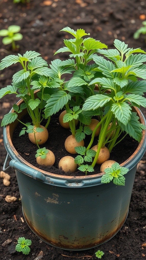 A five-gallon bucket with healthy potato plants growing in it.