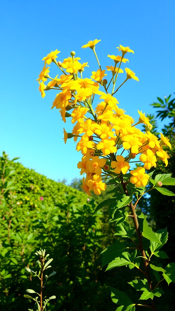 Close-up of yellow Potentilla flowers against a blue sky.