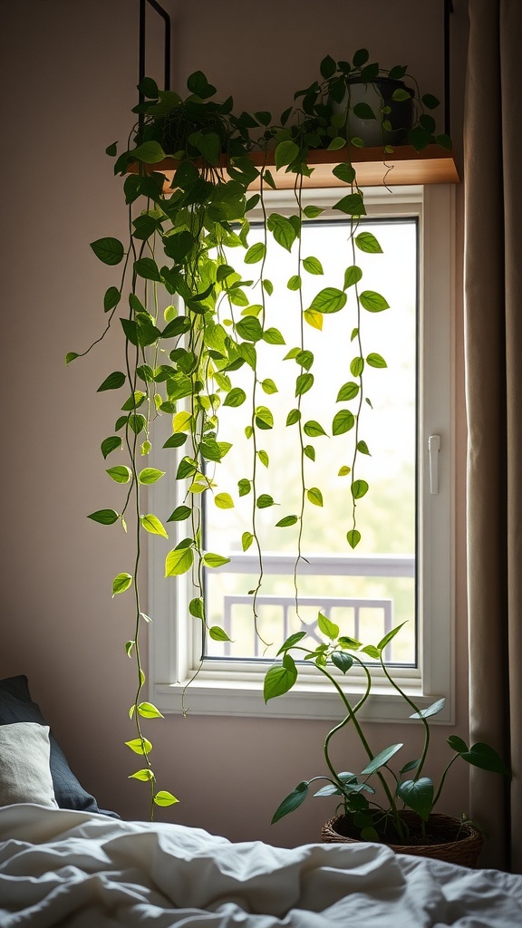 Pothos plant hanging above a window in a cozy bedroom setting.