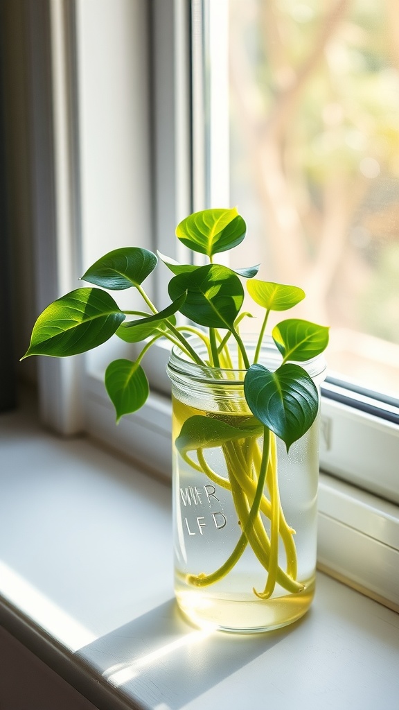 A healthy pothos plant cutting in a jar of water sitting on a windowsill.