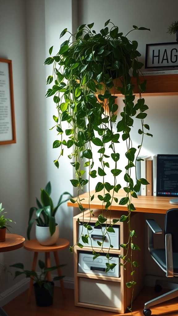 A Pothos plant trailing down from a shelf in a well-lit office, surrounded by other plants.