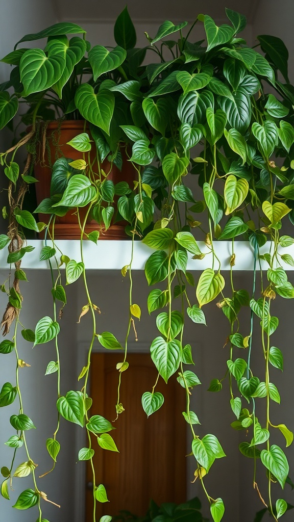 A lush Pothos plant with cascading leaves, thriving in low light.