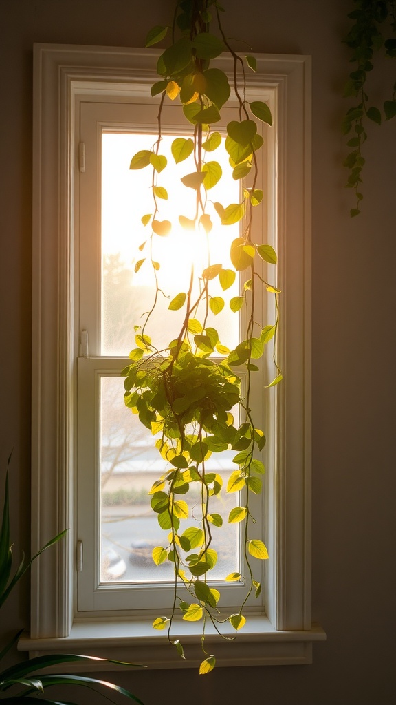 A beautiful pothos plant hanging in front of a sunlit east-facing window, showcasing its vibrant green leaves.