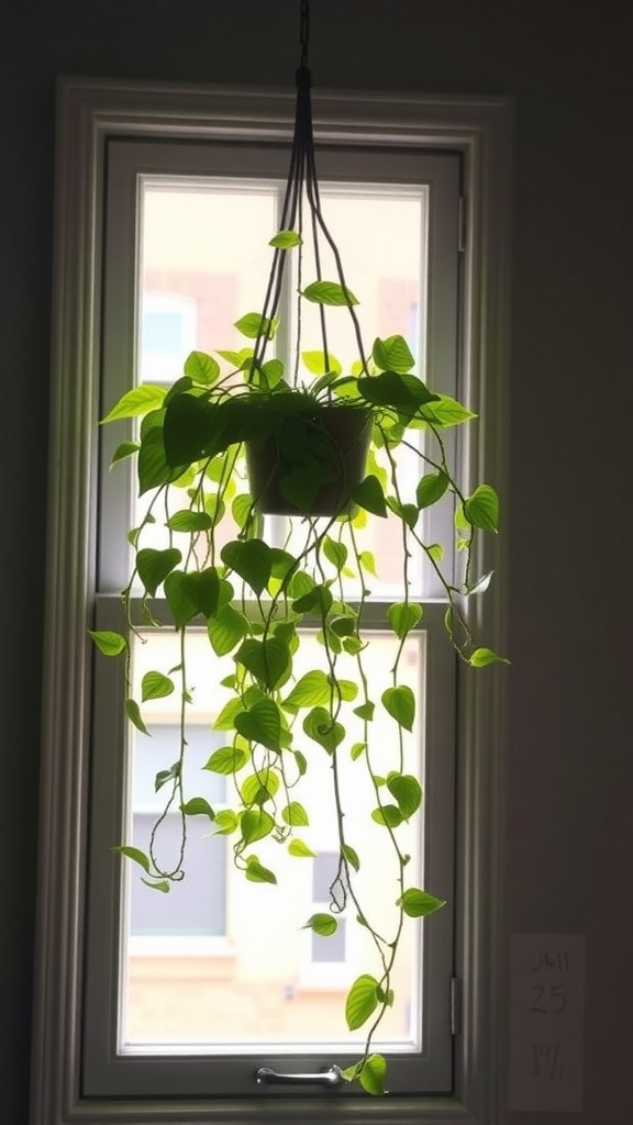 Pothos vines hanging by a window, with lush green leaves cascading down.