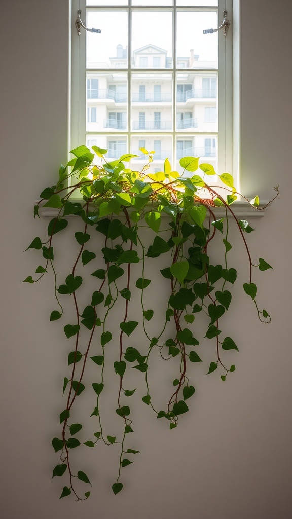 A window with pothos vines cascading down from the sill, showcasing lush green leaves.