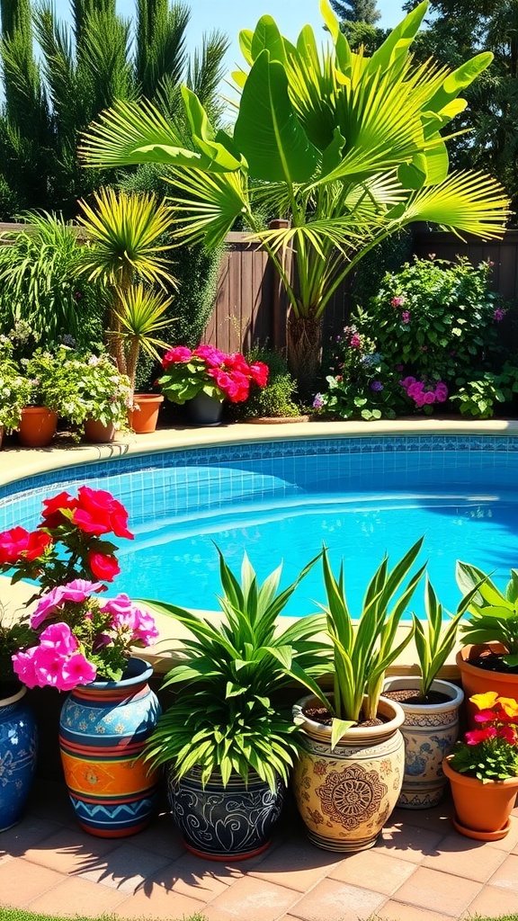 Colorful potted plants around an above ground pool, enhancing the outdoor area.