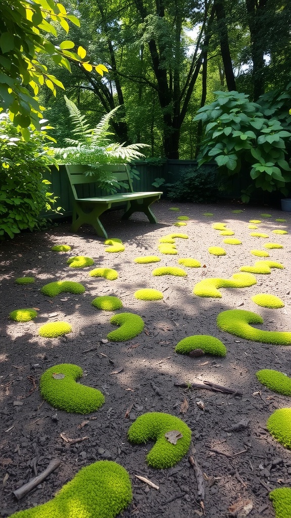 A clean surface with bright green moss patches and surrounding greenery.