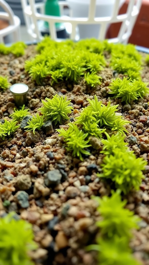 Moss growing in a well-draining medium with small stones and soil, alongside gardening tools.