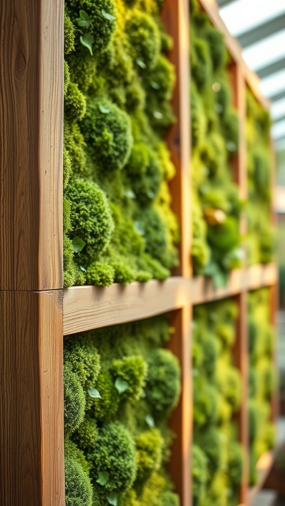 A wooden frame on a wall surrounded by lush green moss, with tools for maintaining the moss garden.