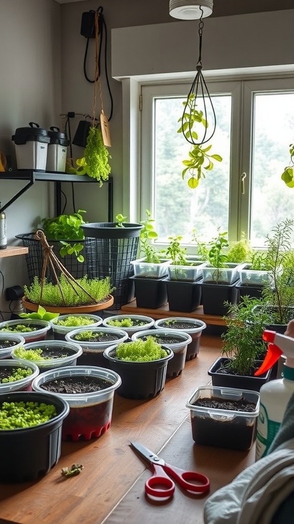 A cozy propagation area for moss, showcasing pots of lush green moss, various plants, scissors, and a spray bottle.