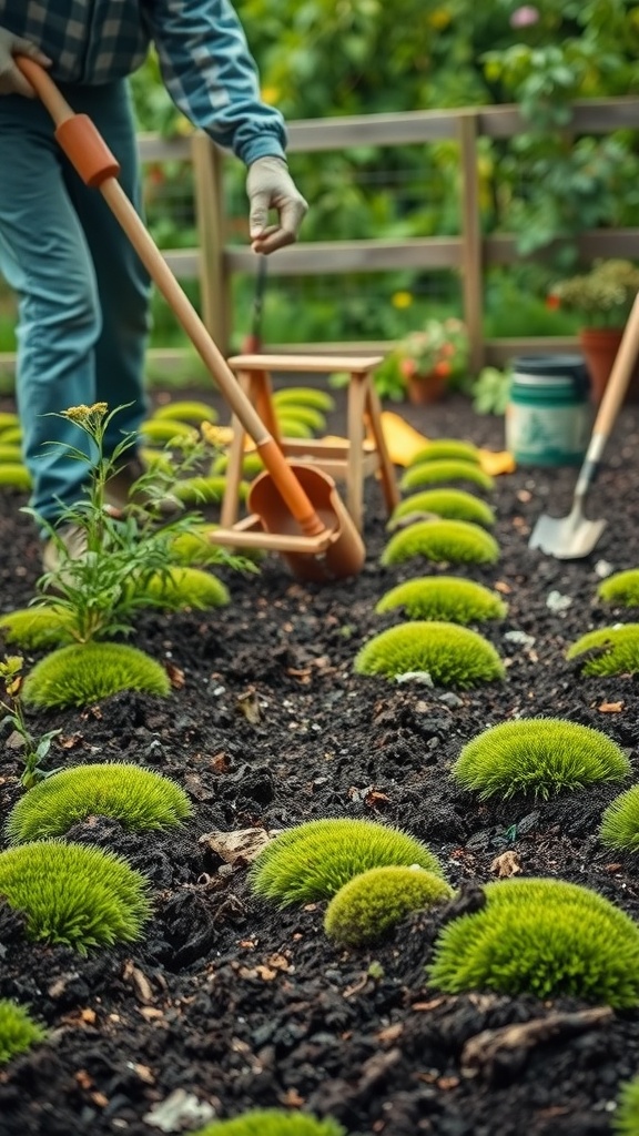 A person clearing weeds and debris from a moss garden, preparing the soil for planting.