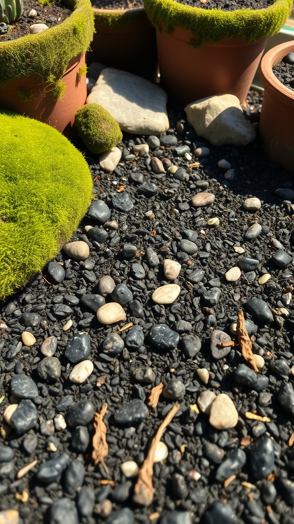 Pots with green moss on top placed among small stones