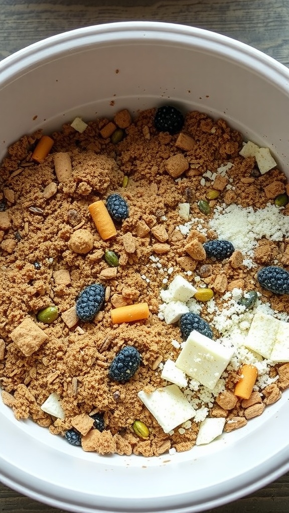 A close-up of a seed-starting mix in a white container, featuring brown and colorful textures.