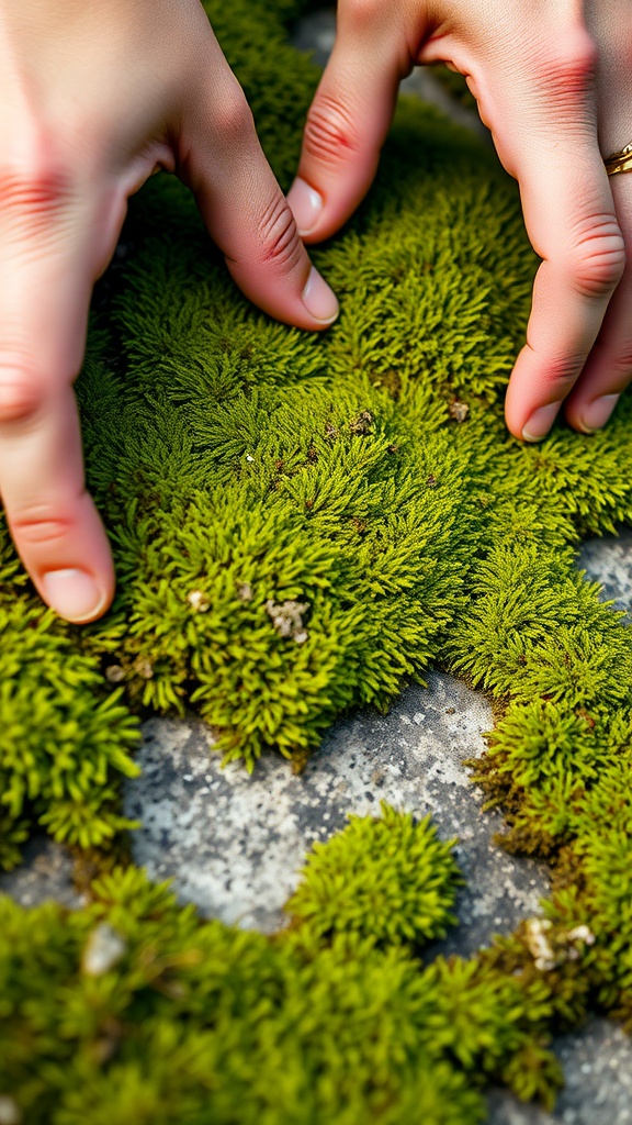 Hands pressing down on green moss on a surface