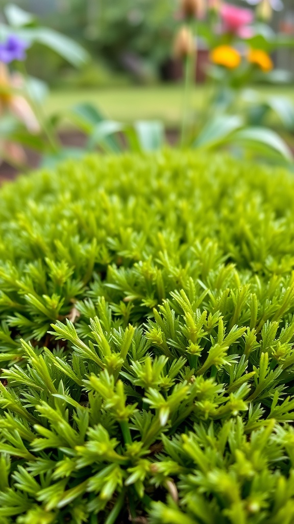 Close-up of vibrant green Prickly Moss in a garden, showcasing its feathery leaves.