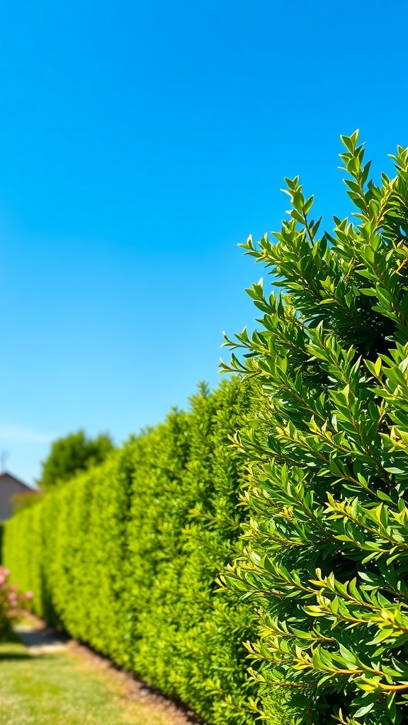 Lush green privet hedge under a clear blue sky