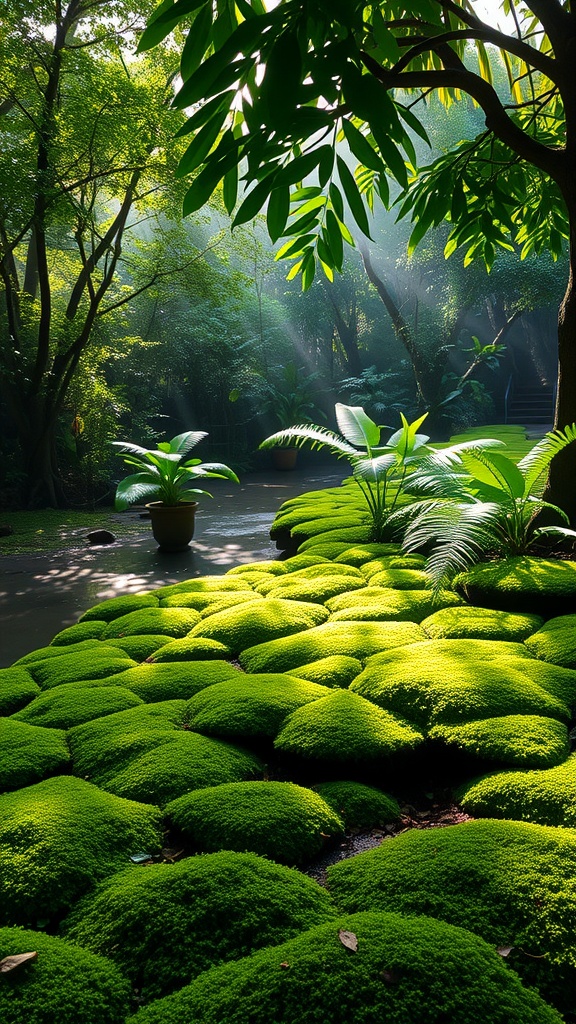 Lush green moss garden under shaded trees with plants