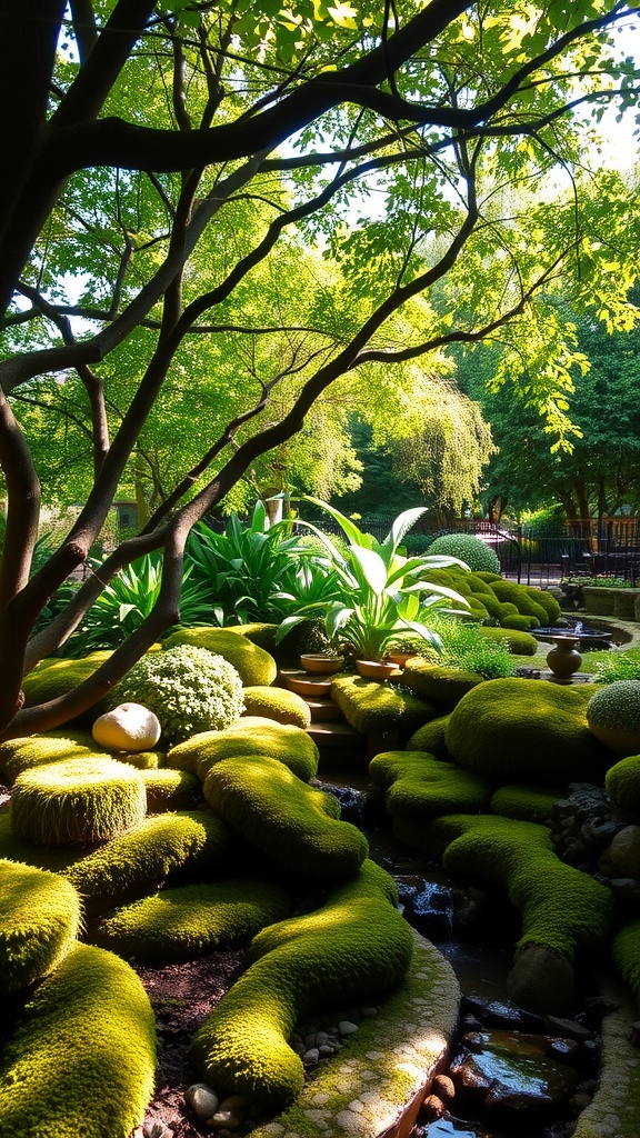 A shaded garden filled with vibrant green moss and lush plants