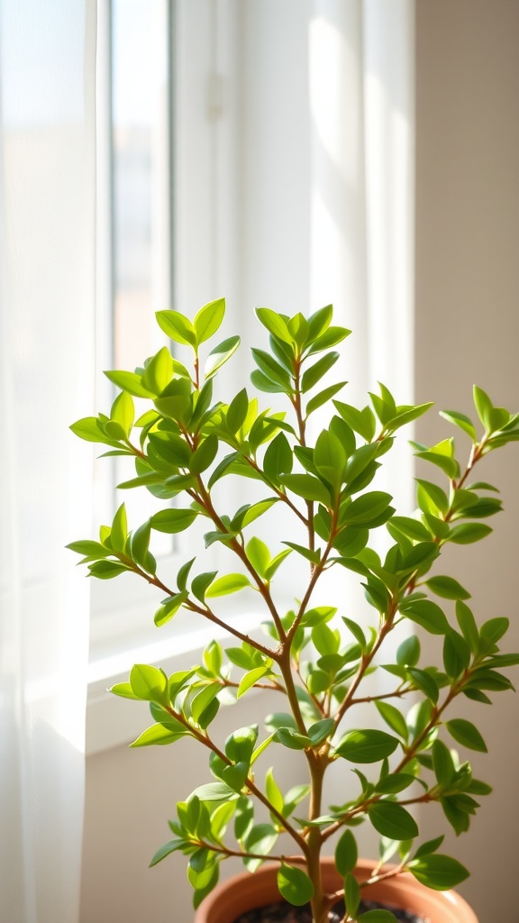 A jade plant with vibrant green leaves placed by a window, receiving bright, indirect light.