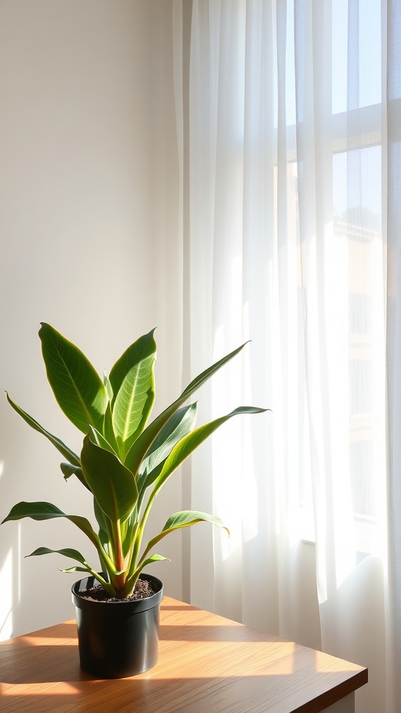 A snake plant in a black pot near a window with sheer curtains, receiving soft sunlight.