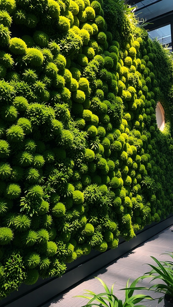 A close-up of a green moss wall art installation, showcasing various moss textures and shapes.