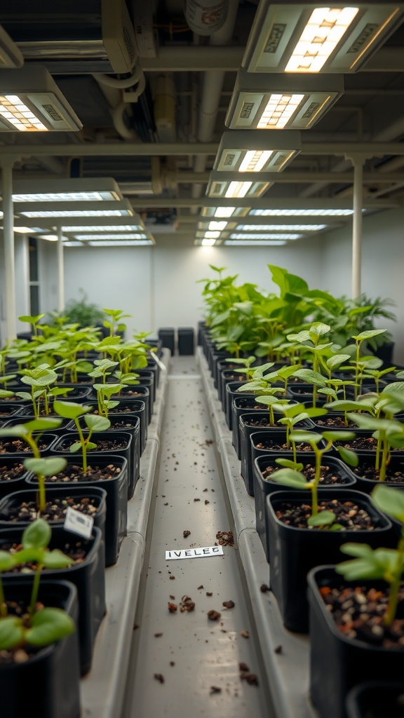 Indoor seedling setup with grow lights and young plants in pots