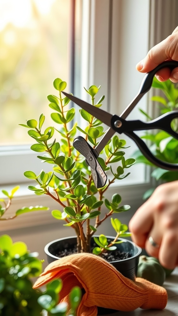 A person trimming a jade plant with scissors by a window