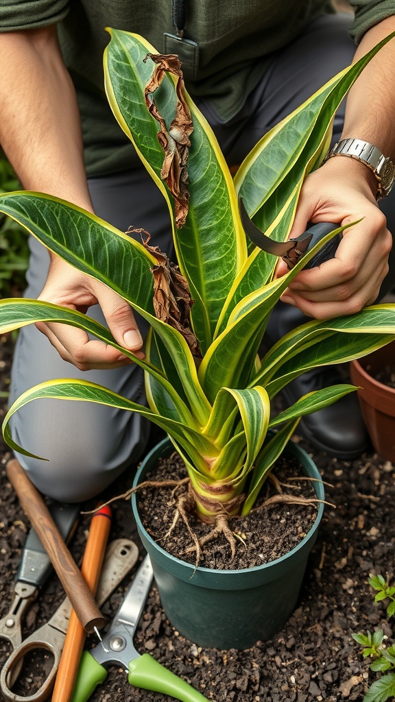 A person pruning a Snake Plant with damaged leaves, surrounded by gardening tools.