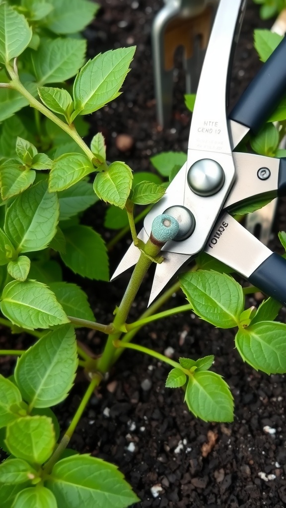 A close-up of pruning shears cutting a long stem above a leaf node on a plant, surrounded by green leaves