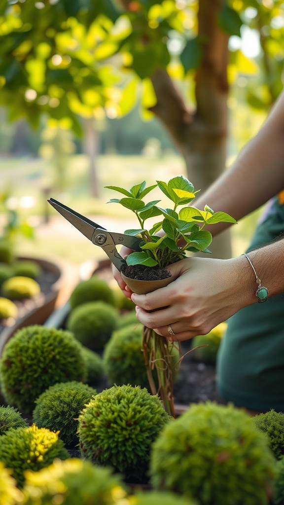 A person pruning a small plant while holding it near Japanese moss balls in a garden setting.