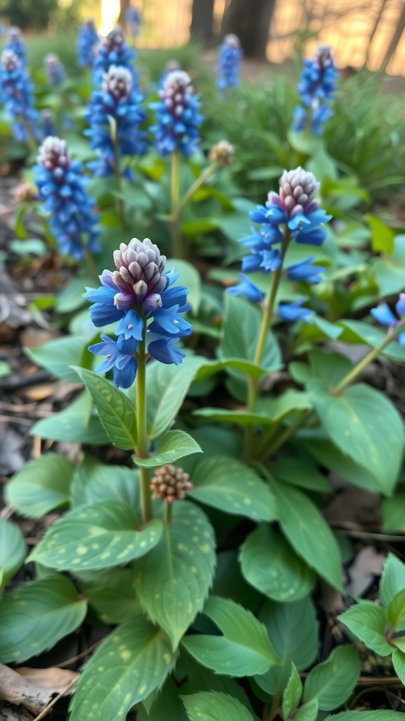 A close-up of blue pulmonaria flowers with unique spotted leaves growing under trees.