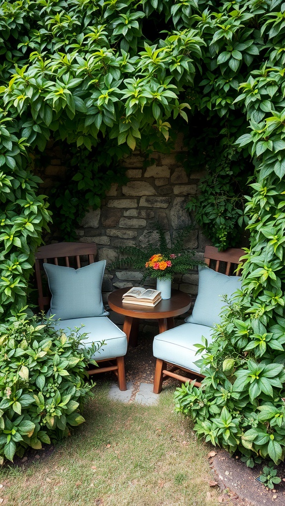 A cozy reading corner with two chairs surrounded by lush greenery and a small table with a book and flowers.