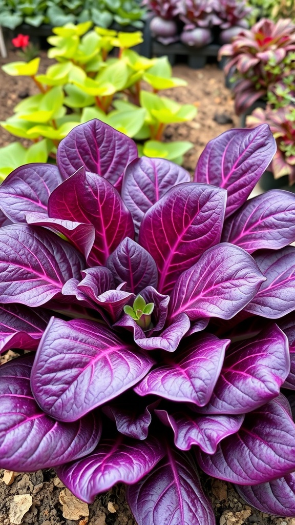 Close-up of vibrant radicchio leaves with colorful background plants