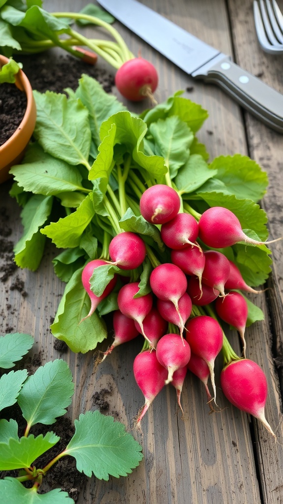 A fresh bunch of radishes with green leaves and soil on a wooden surface.