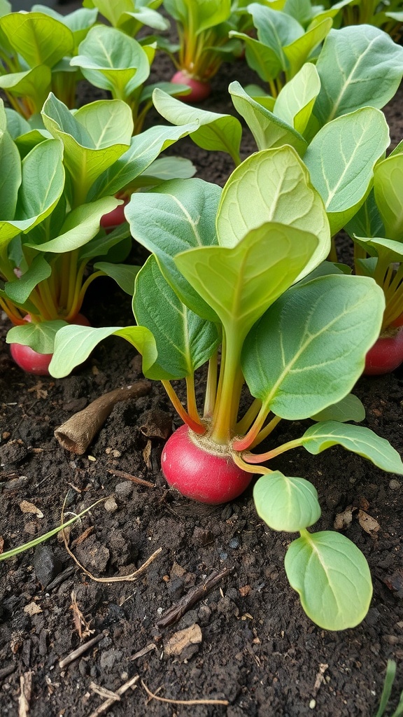 Close-up of growing radishes with green leaves and red bulbs in rich soil.