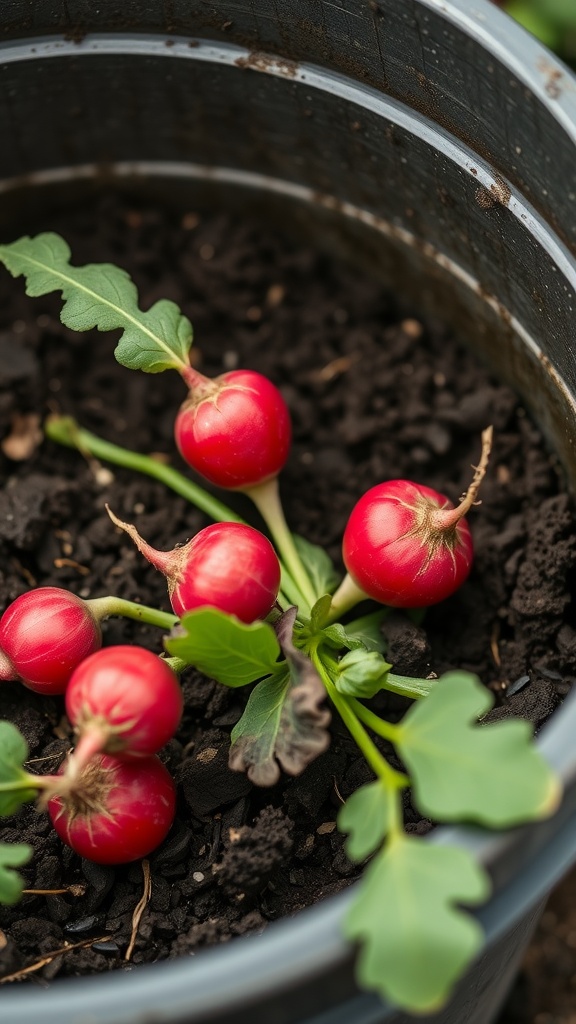 Fresh red radishes growing in a container pot.