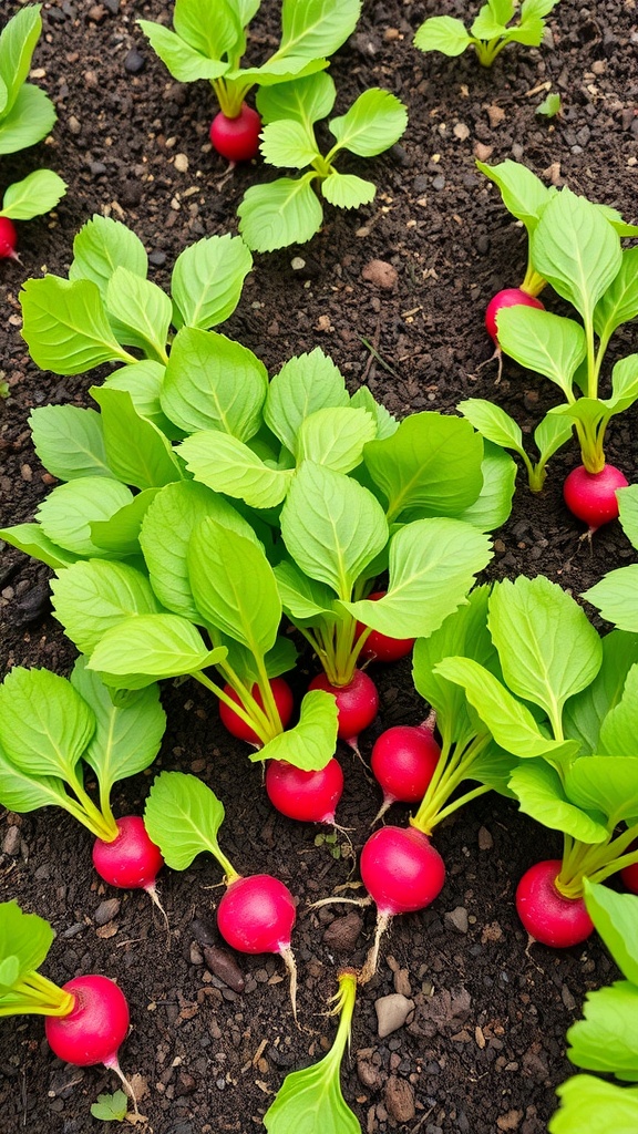 Freshly harvested red radishes with green leaves growing in soil.