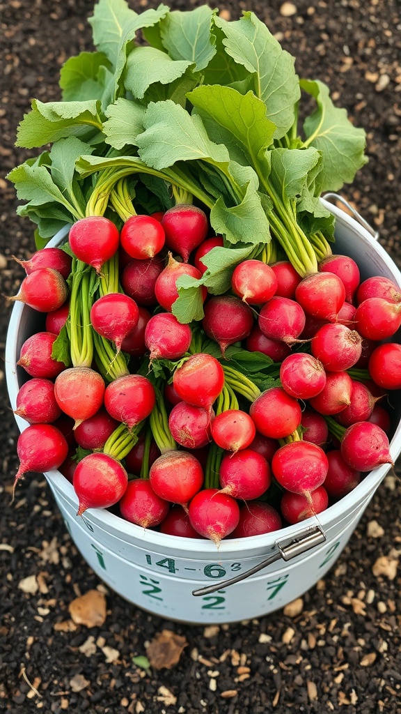 A bucket filled with freshly harvested red radishes and their green tops.