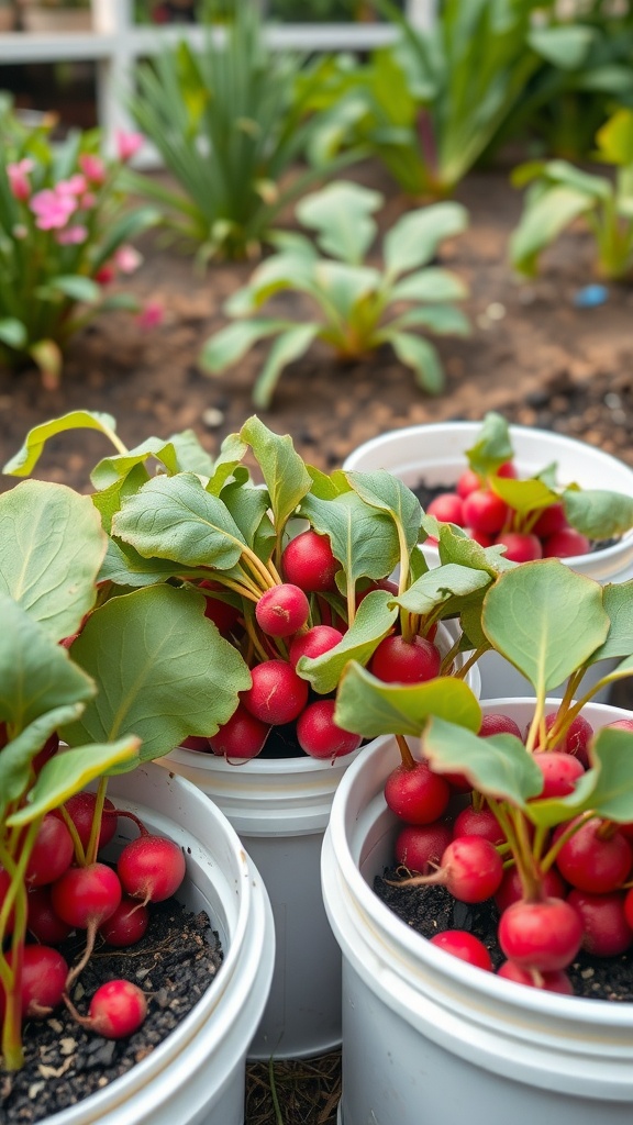 Radishes growing in white buckets with green leaves and red bulbs visible.