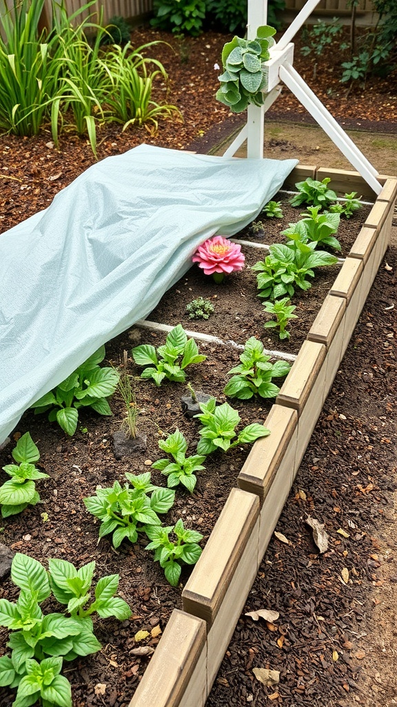 A raised garden bed with healthy plants, covered partially with light landscape fabric, showing a neat wooden frame and a beautiful flower.