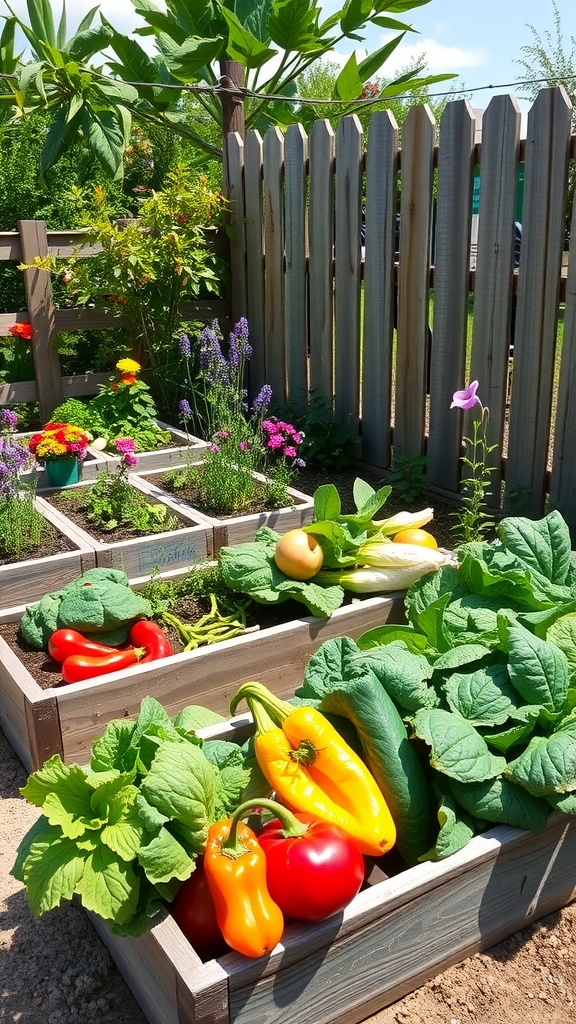 A vibrant small vegetable garden with colorful veggies and flowers in raised beds.